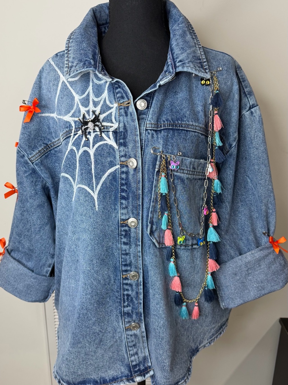 Hand Painted Halloween Denim Jacket Cat Witch Pumpkin Wearable Art Size L